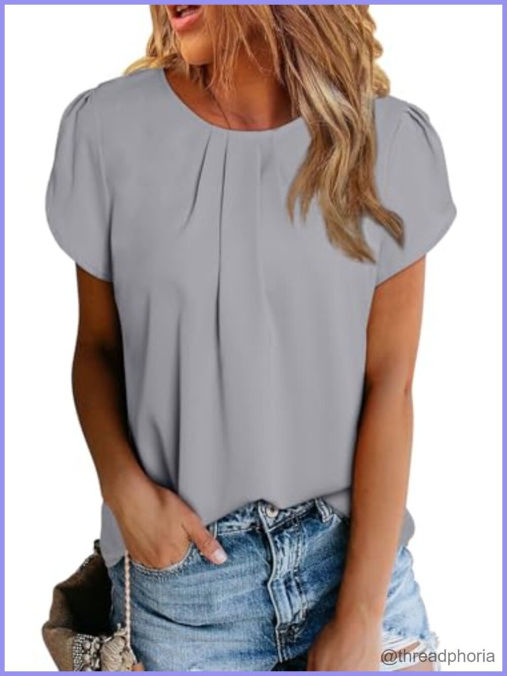 Women's Pleated Chiffon Blouse Short Cap Sleeve Keyhole Back Work Tunic Top